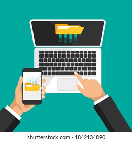 Hand holds phone and clicks on laptop keyboard. Businessman uploads files to cloud storage or computer. Download process. Vector illustration.