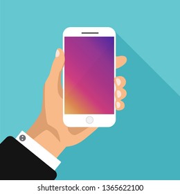 Hand holds phone with color screen. Smartphone display. Smart technology.  Vector illustration. 