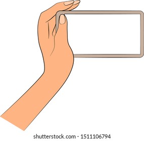 Hand holds the phone. Concept: new application, take photos, shoot videos, interface, game. White screen for placing images and text. Vector, eps 10.