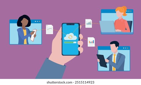A mão segura o telefone. O telefone está conectado à nuvem e envia arquivos de dados para outros usuários. Os caracteres são conectados por meio de um aplicativo. Vetor de design plano