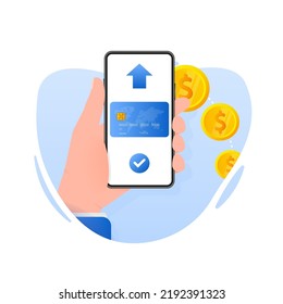 Hand holds phone with Contactless Payment Methods Mobile, online payment. Vector illustration.