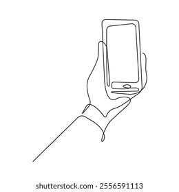 Hand Holds of Phone Continuous One Line Vector Drawing. Mobile Phone Line Art Simple Illustration. Technology Concept Hand Drawn Outline Silhouette Isolated Minimalist Illustration. Not AI