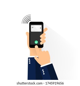 Hand holds phone with credit card. Payment icon via NFC technology. Contactless card payment systems on isolated background. hopping Online with Smartphone. EPS 10 vector.
