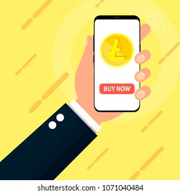 The hand holds the phone. The currency shown on the screen is available for purchase. All of this is on a yellow background.