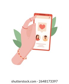 Uma mão segura um telefone com aplicativo de namoro. O dispositivo móvel exibe uma interface de bate-papo online. O usuário interage com recursos sociais, estilo de design plano, útil para conceitos de estilo de vida e tecnologia.