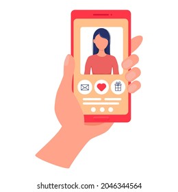 Hand holds phone with dating site. Beautiful girl on smartphone screen. Mobile dating app. Site for search couple. Vector flat illustration on online dating app users with abstract website profile