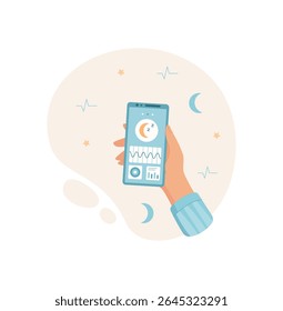 A hand holds a phone displaying a mobile app screen. The user engages with the digital application using simple gesture. This image illustrates communication technology, flat design, and potential
