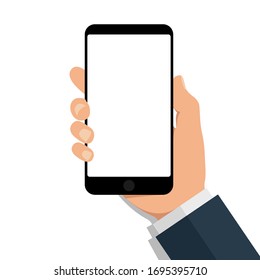 Hand holds phone with empty screen. Cartoon mobile mockup with blank touchscreen on isolated background. Flat cellphone icon for app. Black electronic device in arm. Communication concept. vector