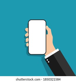 Hand holds the phone in a flat style. Mobile phone with touch blank screen. Template of smartphone for mobile app. Design of cellphone with digital display. Black phone with white touchscreen. Vector