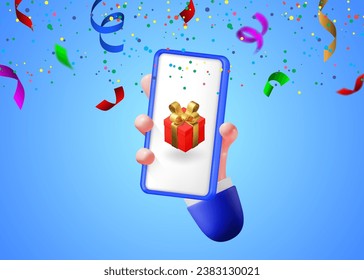 A hand holds a phone with a gift on a background of confetti. Concept of prize, winning, celebration. Vector 3D illustration.