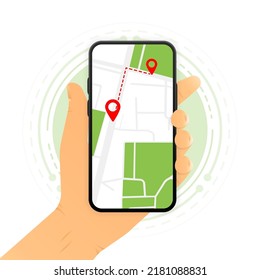 Una mano mantiene un teléfono con una aplicación de seguimiento gps. Ilustración vectorial.