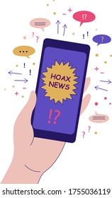 Hand holds phone with a hoax news on screen. A conception of fake news.  A contemporary flat vector design. Isolated on a white background. Stock illustration.