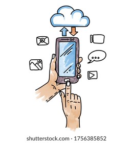 Hand holds phone illustration vector doodle hand drawn sketch.