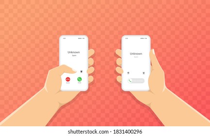 Hand holds phone with incoming call icon. Vector EPS 10. Isolated on transparent background