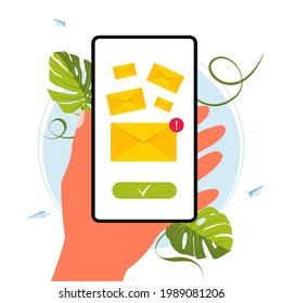 hand holds phone with the incoming message, e-mail.Sending message.A smartphone with a new incoming message on the screen. Receive mail on your mobile.Online communication concept. Vector illustration