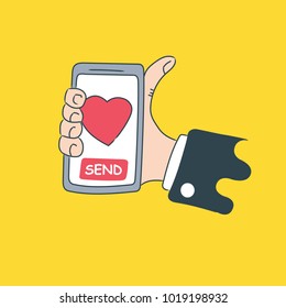 Hand holds the phone with the intention of sending a heart. Set of vector illustrations. Modern concept for web banners, web sites, infographics.