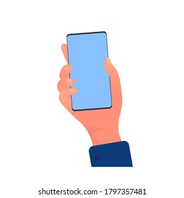 Hand holds a phone. Phone in hand isolated on white background. Vector.