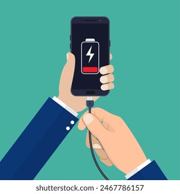 Hand holds a phone with a low battery charge. Mobile phone with USB connection. Vector illustration in flat style