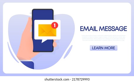 Hand holds phone with mail post new message on white background. Vector illustration.