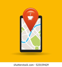 hand holds phone navigation app coffee shop vector illustration eps 10