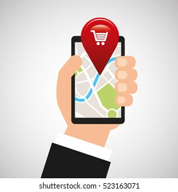 hand holds phone navigation app market vector illustration eps 10