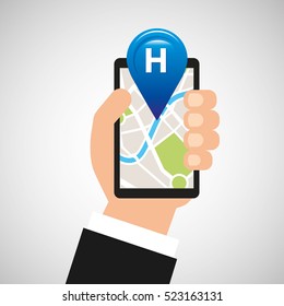 hand holds phone navigation app hotel vector illustration eps 10