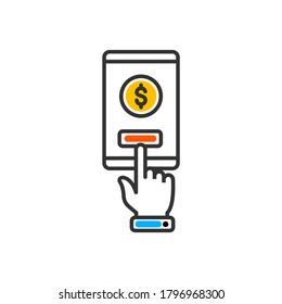 Hand holds phone NFC. Payment icon via NFC technology. Contactless card payment systems. Vector color icon.