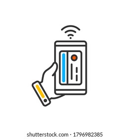 Hand holds phone NFC. Payment icon via NFC technology. Contactless card payment systems. Vector color icon.