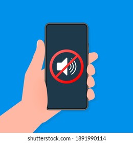 Hand holds phone with no sound sign on screen on darck background. Vector illustration.