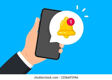 Hand holds phone with notification. Alert message on smartphone screen. New notification arrived. Notification concept of new message or other notice. Unread email. Vector illustration