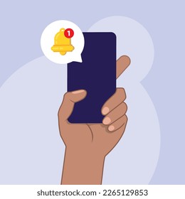 Hand holds phone with notification. Alert message on smartphone screen. New notification arrived. Notification concept of new message or other notice. Unread email. Vector 10 eps.