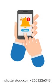 A mão segura o telefone com o ícone de notificações em estilo plano. Smartphone com nova ilustração de vetor de aviso em fundo isolado. Lembrete mensagem sinal conceito de negócios. ilustração de ações