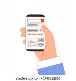 Hand holds a phone, on screen is breaking news. Internet media concept. Flat style vector illustration.