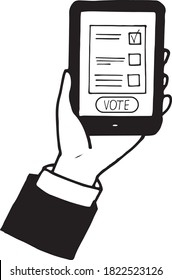 hand holds the phone on the screen vote online sketch icon, sticker, poster, drawn vector doodle, minimalism, monochrome. single element design. internet, elections, information technology