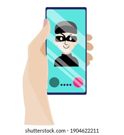 The hand holds the phone on which the fraudster calls. A phone thief tries to trick you into finding out your credit card passwords. Watch out  robber! Vector illustration in a flat style.