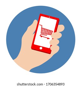 Hand holds the phone. Online Shopping Symbol