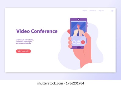 Hand holds phone with online video conference. Online meeting. Concept of work from home, chatting with friends, group video chat. Vector illustration in flat design for UI, banner, mobile app