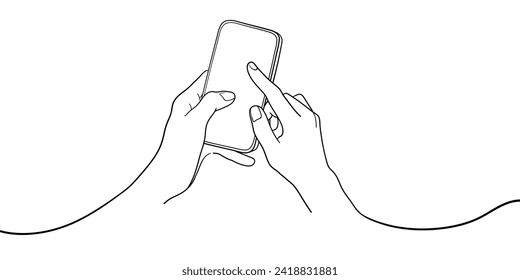 Hand holds phone with other hand. Continuous line art set isolated on white background. Minimalist Vector illustration