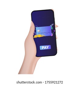 A hand holds a phone with a payment application. Pay button. Credit card, gold coins, dollars. Concept of online shopping and payment. Vector.