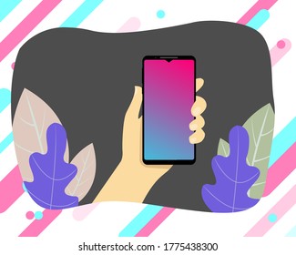 Hand holds phone. Popular social network on smartphone screen. Watch cool videos. Social media addiction. Vector illustration in flat design. EPS10