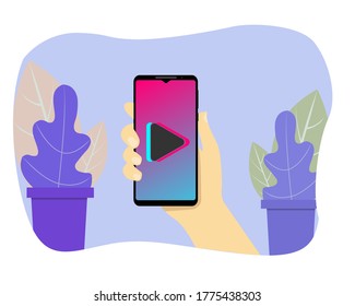 Hand holds phone. Popular social network on smartphone screen. Watch cool videos. Social media addiction. Vector illustration in flat design. EPS10