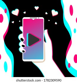 Hand holds phone. Popular social network on smartphone screen. Watch cool videos. Social media addiction. Vector illustration in flat design. EPS10