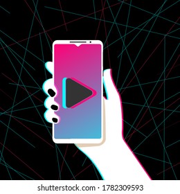 Hand holds phone. Popular social network on smartphone screen. Watch cool videos. Social media addiction. Vector illustration in flat design. EPS10