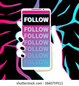 Hand holds phone. Popular social network on smartphone screen. Watch cool videos and follow. Social media addiction. Vector illustration in flat design. EPS10