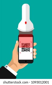 Hand holds phone with qr code on screen. Scanning code. Vector illustration.