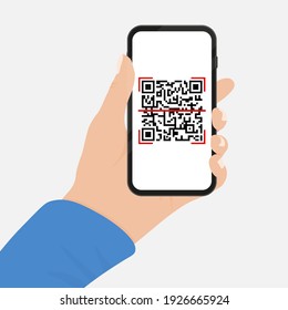 Hand holds phone with qr code on screen. Scanning code by phone. Qr label sticker. Vector illustration.