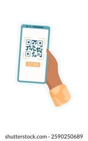 Hand holds phone with QR code sticker. User interacts with mobile app on digital screen. Context of modern technology, flat style, suitable for online communication and business applications.