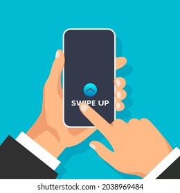 Mano mantiene el teléfono con un botón de acceso rápido para los medios sociales en pantalla. Barras de desplazamiento e iconos web para publicidad y marketing en diferentes aplicaciones. Un hombre golpea la pantalla del smartphone.