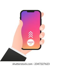 Hand holds phone with quick access button for social media on a screen. Scroll arrows and web icons for advertising and marketing in different apps. Vector illustration