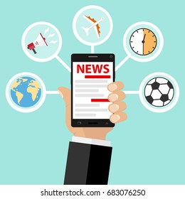 The hand holds the phone and reads the news from the Internet. Internet news. Flat design, vector illustration, vector.